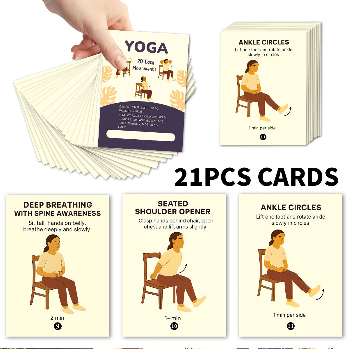 Yoga Fitness Instructor - 21pcs Seated Yoga Cards,Easy Chair Movements